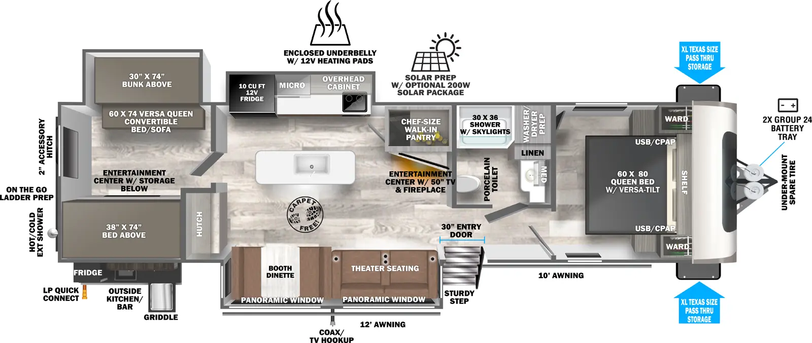 The Hemisphere Travel Trailers 310BHI has one entry and three slide outs. Exterior features include: fiberglass exterior, 10' & 12' awning and outside kitchen. Interiors features include: bunk beds, kitchen island and front bedroom.